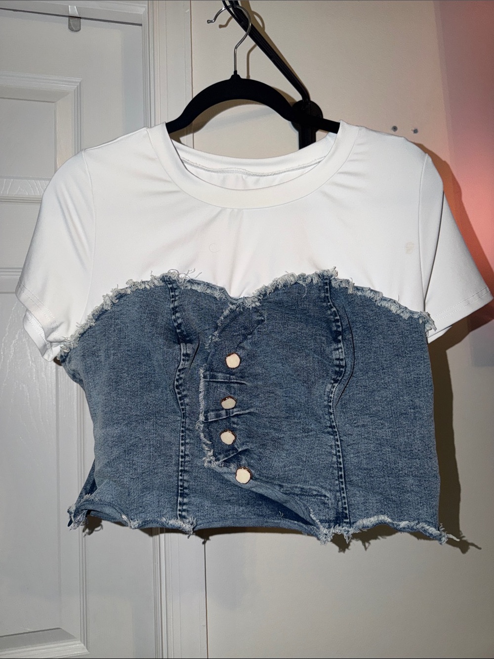 SHEIN White Tee with Blue Distressed Denim Corset Overlay